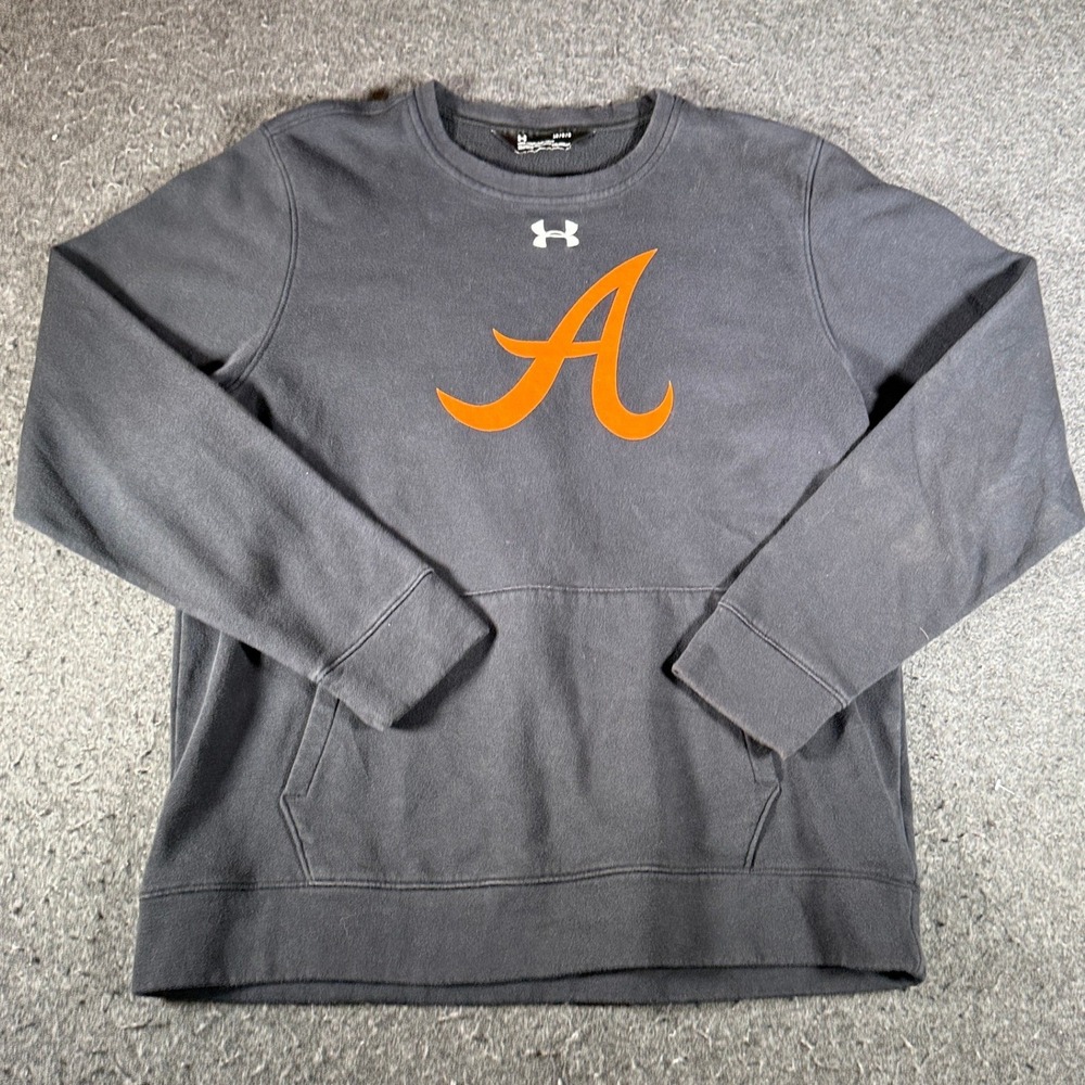 VTG Under Armour Atlanta Braves ColdGear Sweatshirt Mens L Gray Pullover Pocket